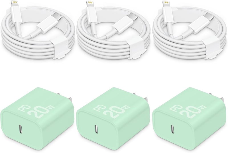 Fast Charger for iPhone [3-Pack, MFi Certified], 20W USB-C PD Block with 6Ft Charging Cable Compatible with iPhone 14/13/12/11/Pro Max & iPad (Green)
